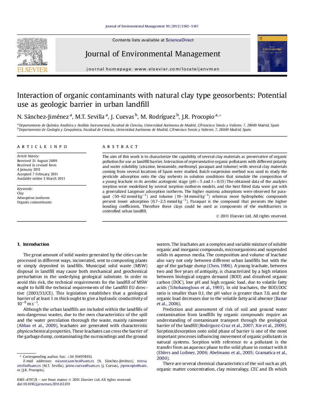 Interaction of organic contaminants with natural clay type geosorbents: Potential use as geologic barrier in urban landfill