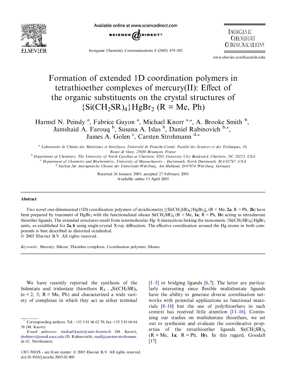 Formation of extended 1D coordination polymers in tetrathioether complexes of mercury(II): Effect of the organic substituents on the crystal structures of {Si(CH2SR)4}HgBr2 (RÂ =Â Me, Ph)