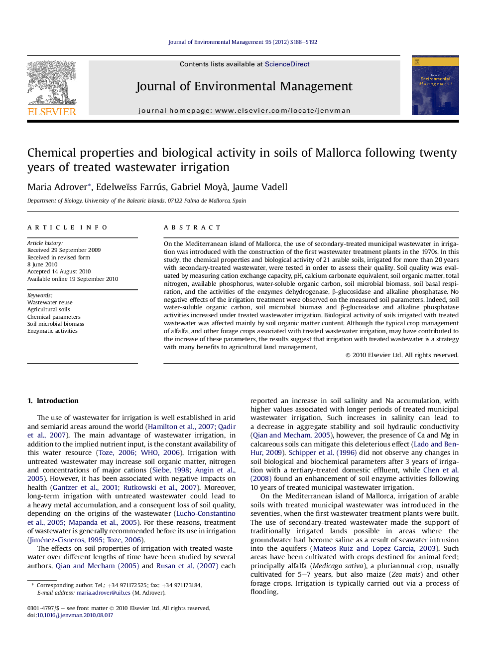 Chemical properties and biological activity in soils of Mallorca following twenty years of treated wastewater irrigation