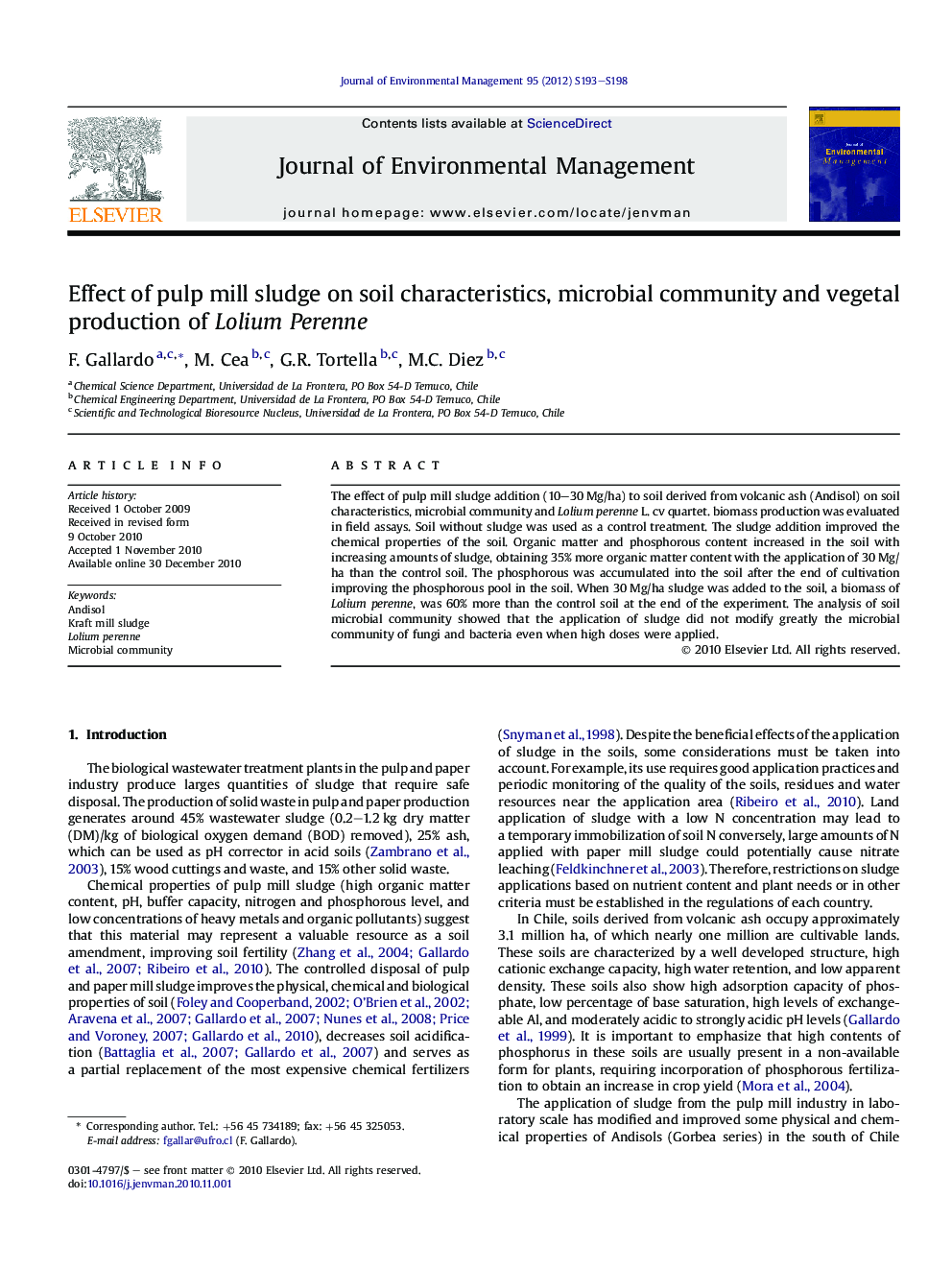 Effect of pulp mill sludge on soil characteristics, microbial community and vegetal production of Lolium Perenne