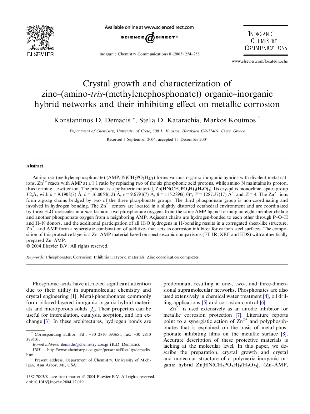 Crystal growth and characterization of zinc-(amino-tris-(methylenephosphonate)) organic-inorganic hybrid networks and their inhibiting effect on metallic corrosion