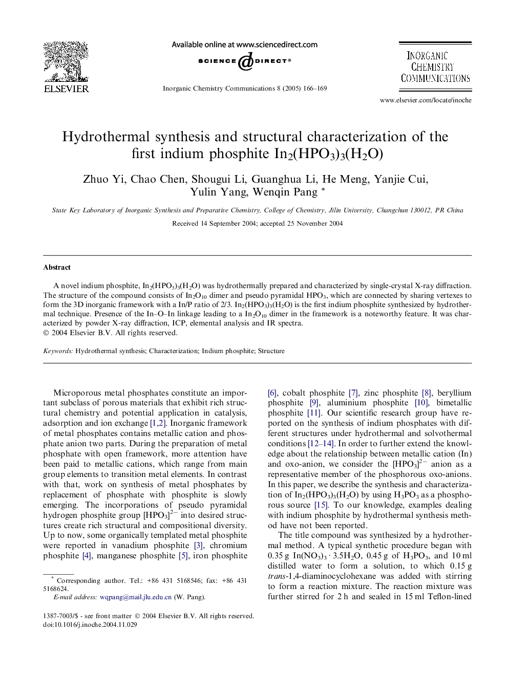 Hydrothermal synthesis and structural characterization of the first indium phosphite In2(HPO3)3(H2O)