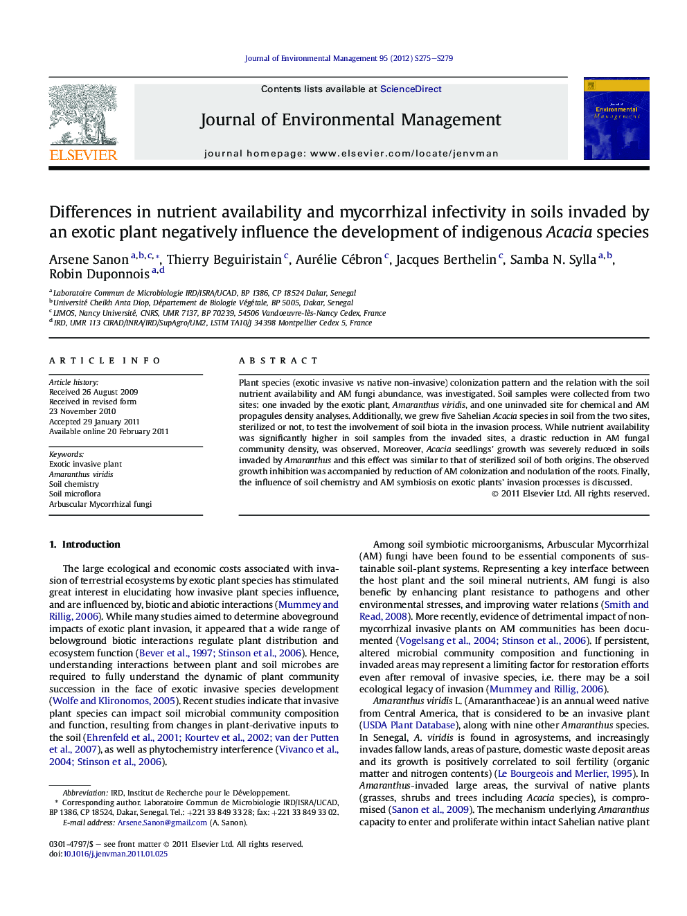 Differences in nutrient availability and mycorrhizal infectivity in soils invaded by an exotic plant negatively influence the development of indigenous Acacia species