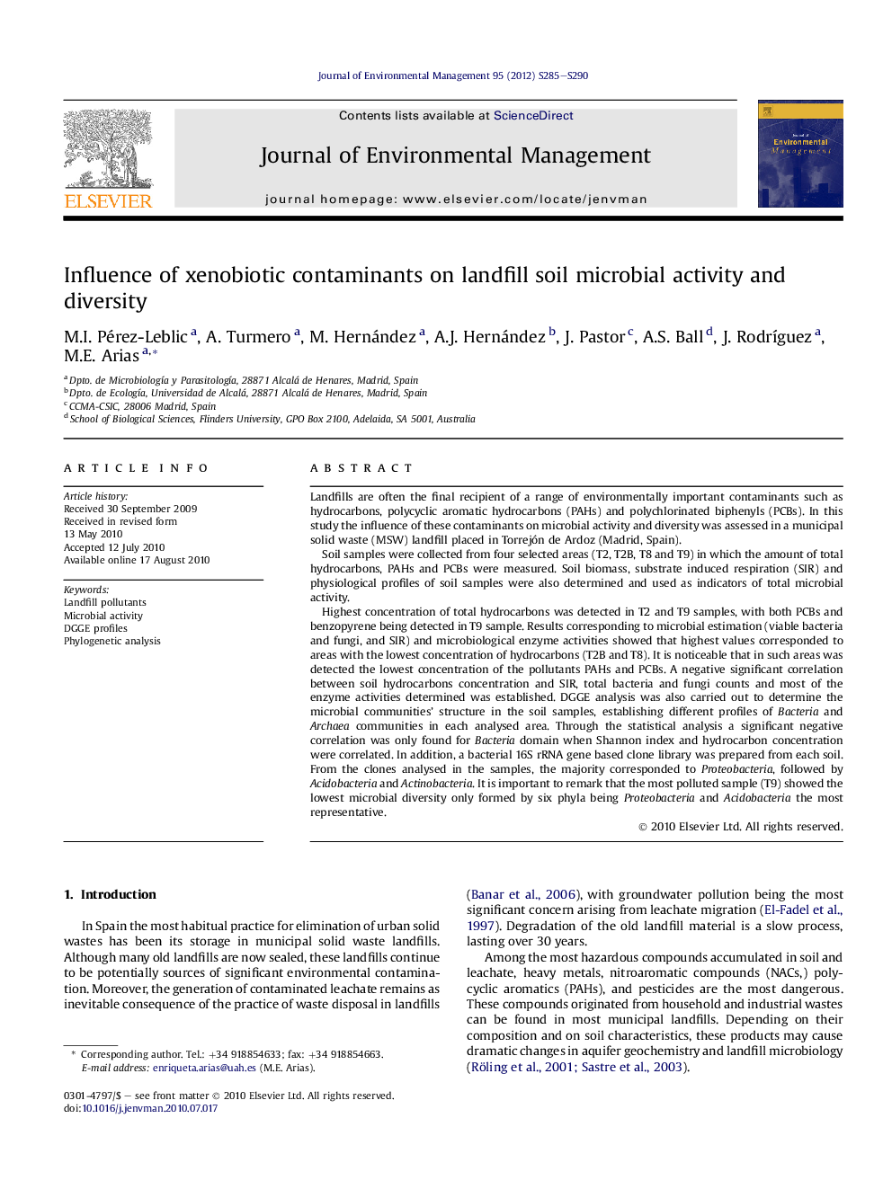 Influence of xenobiotic contaminants on landfill soil microbial activity and diversity