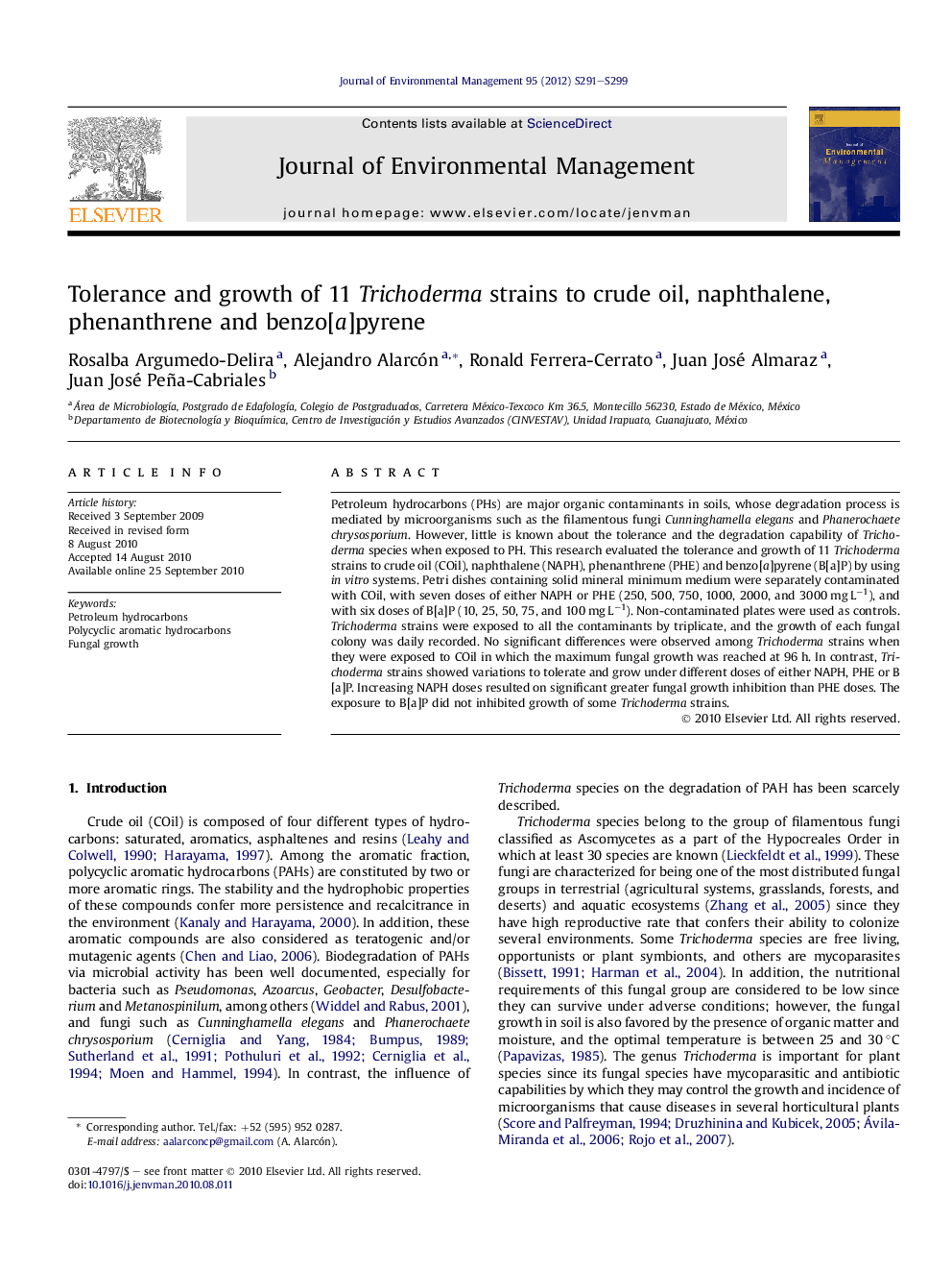 Tolerance and growth of 11 Trichoderma strains to crude oil, naphthalene, phenanthrene and benzo[a]pyrene