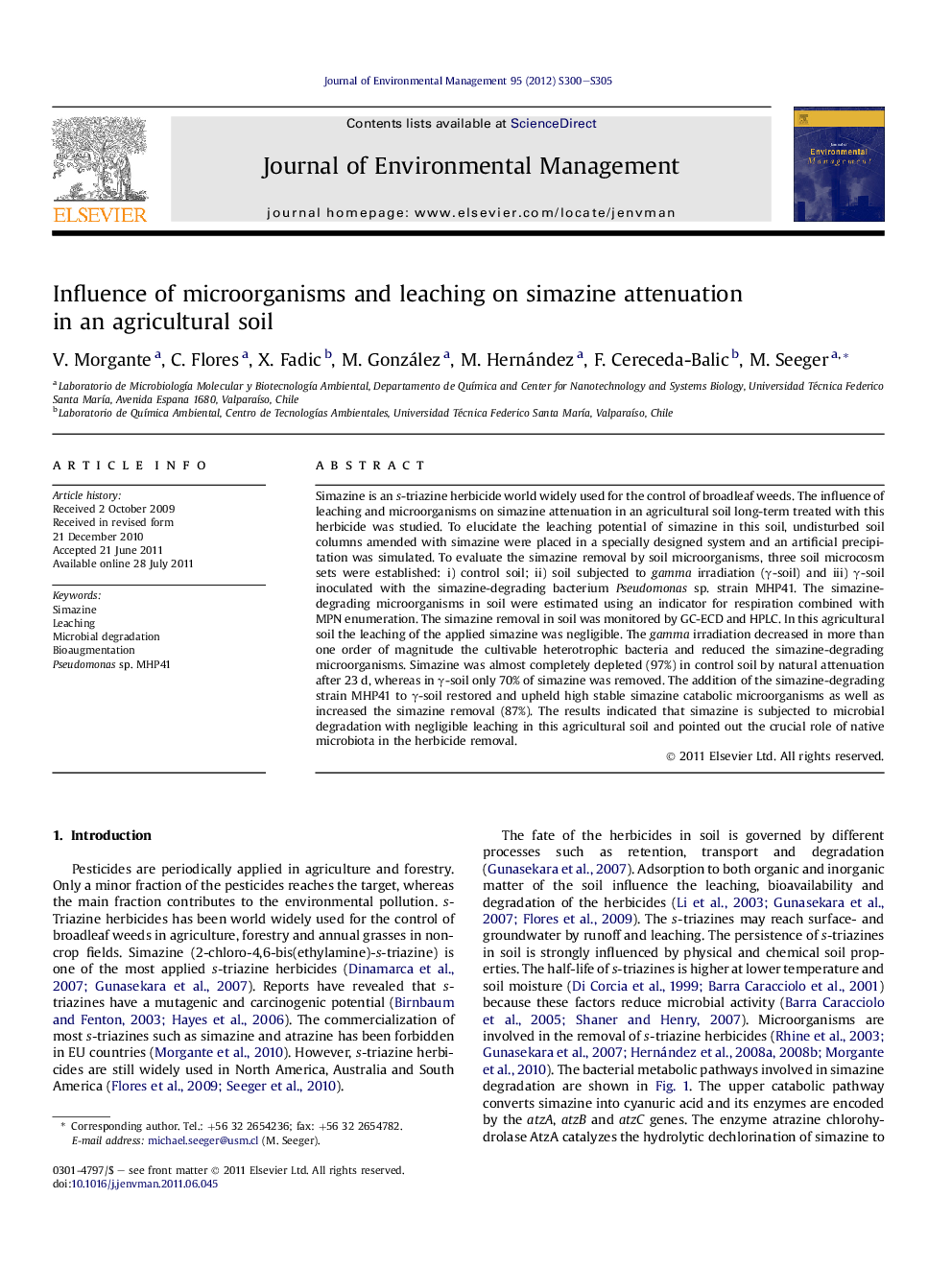 Influence of microorganisms and leaching on simazine attenuation in an agricultural soil