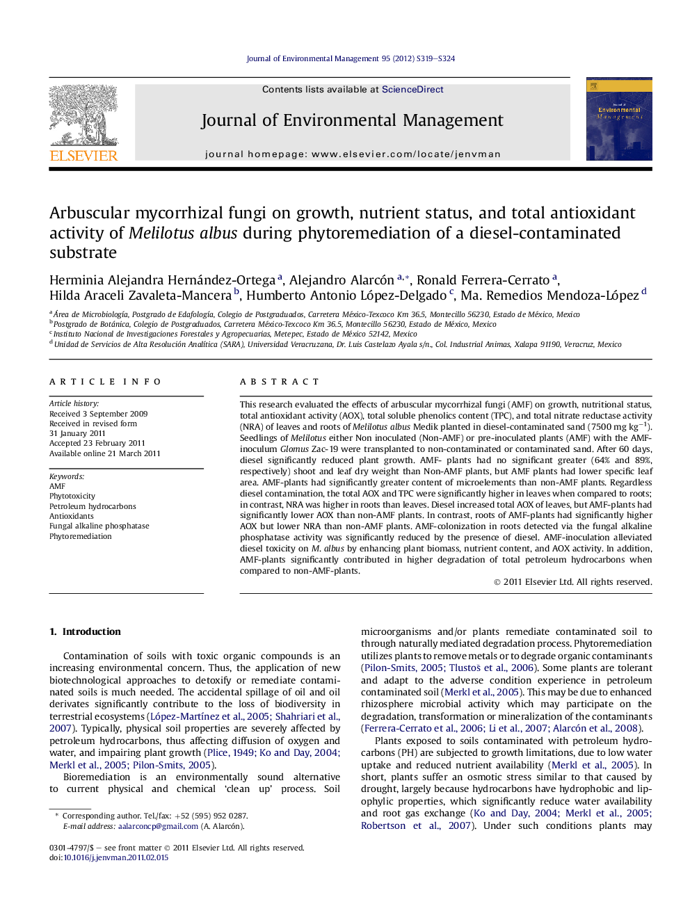 Arbuscular mycorrhizal fungi on growth, nutrient status, and total antioxidant activity of Melilotus albus during phytoremediation of a diesel-contaminated substrate