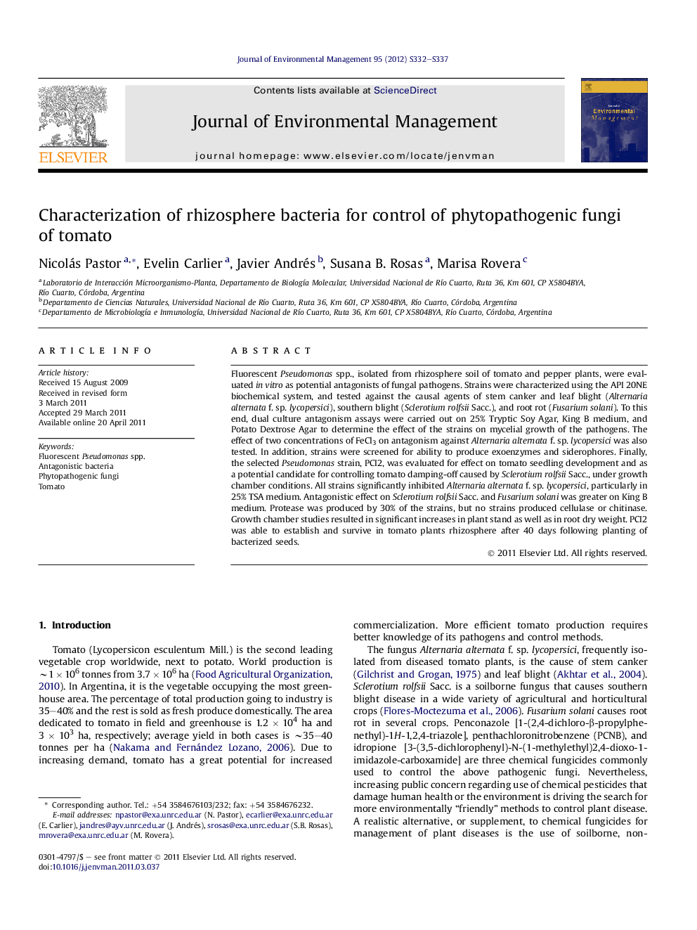 Characterization of rhizosphere bacteria for control of phytopathogenic fungi of tomato