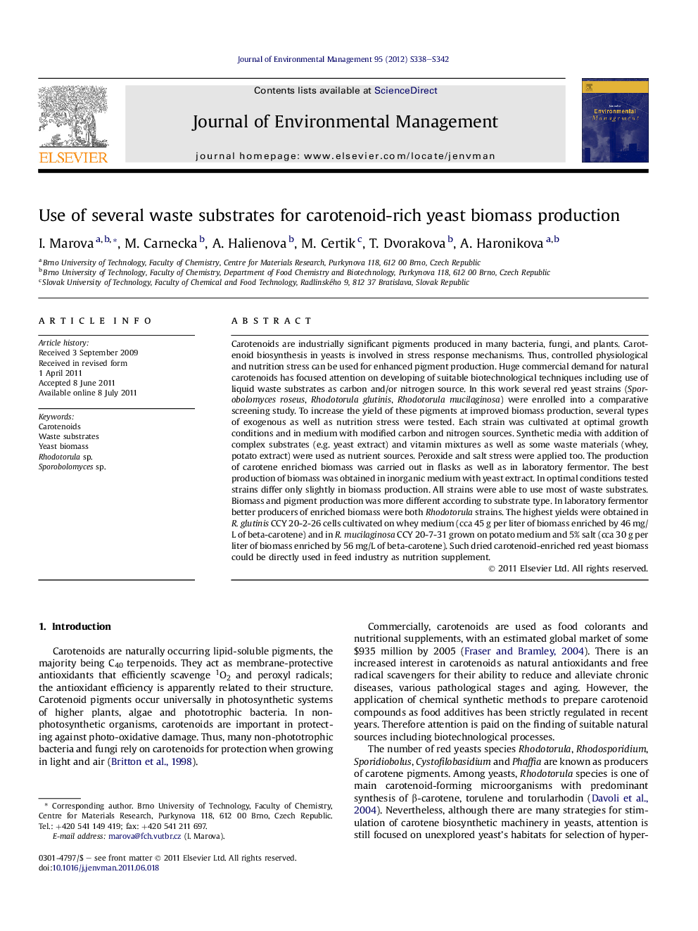 Use of several waste substrates for carotenoid-rich yeast biomass production