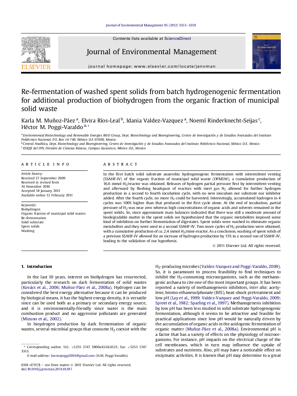 Re-fermentation of washed spent solids from batch hydrogenogenic fermentation for additional production of biohydrogen from the organic fraction of municipal solid waste