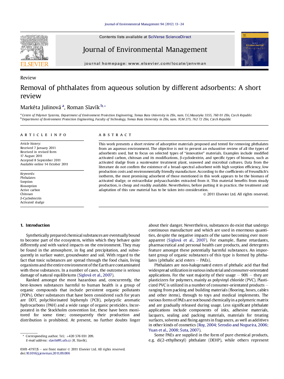 Removal of phthalates from aqueous solution by different adsorbents: A short review