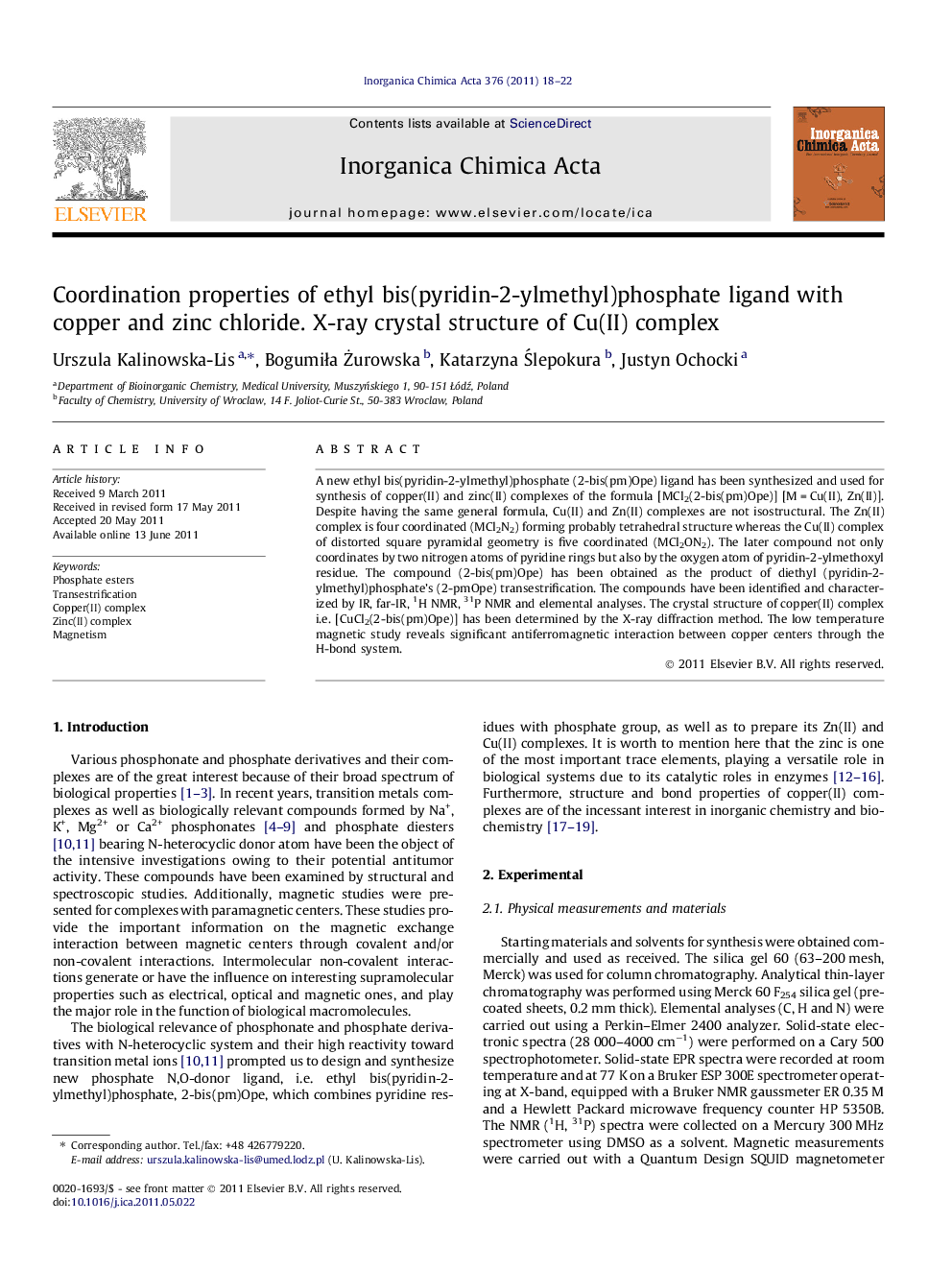 Coordination properties of ethyl bis(pyridin-2-ylmethyl)phosphate ligand with copper and zinc chloride. X-ray crystal structure of Cu(II) complex