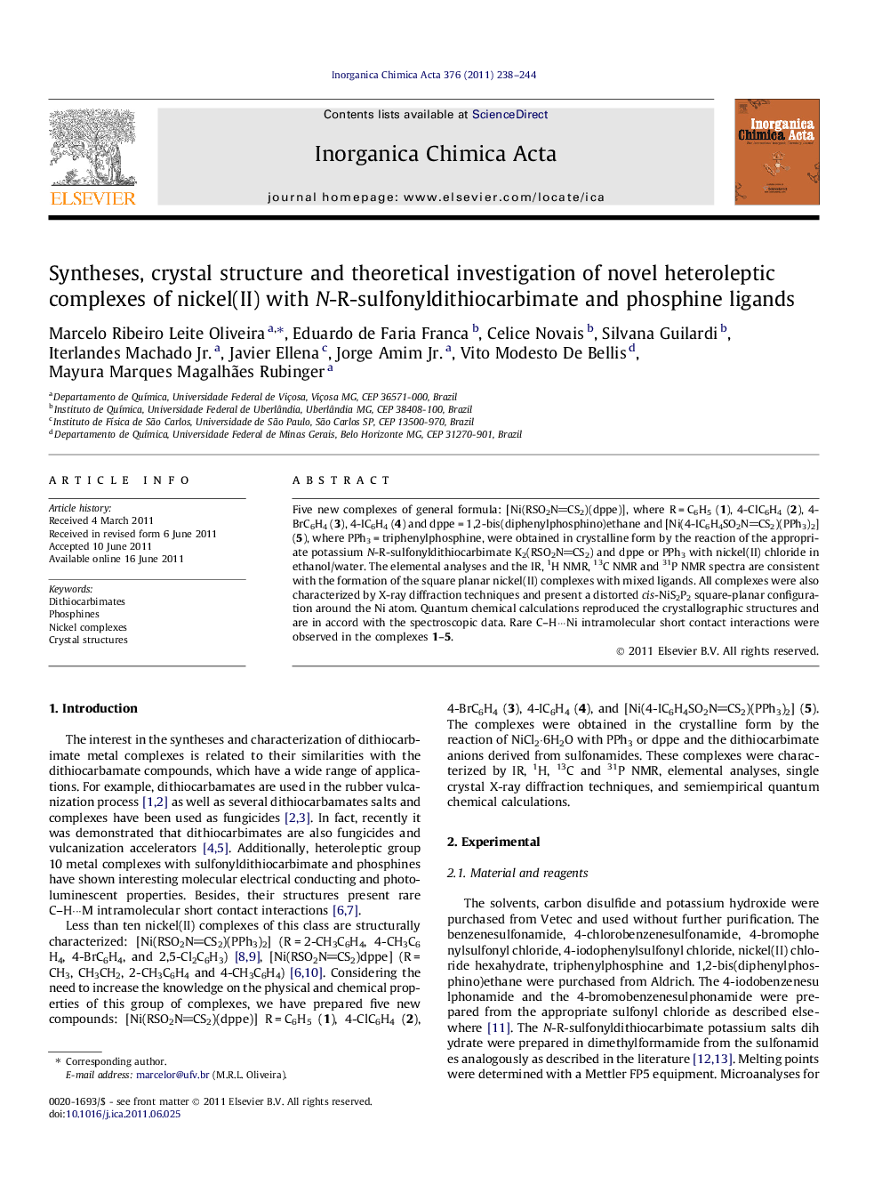 Syntheses, crystal structure and theoretical investigation of novel heteroleptic complexes of nickel(II) with N-R-sulfonyldithiocarbimate and phosphine ligands