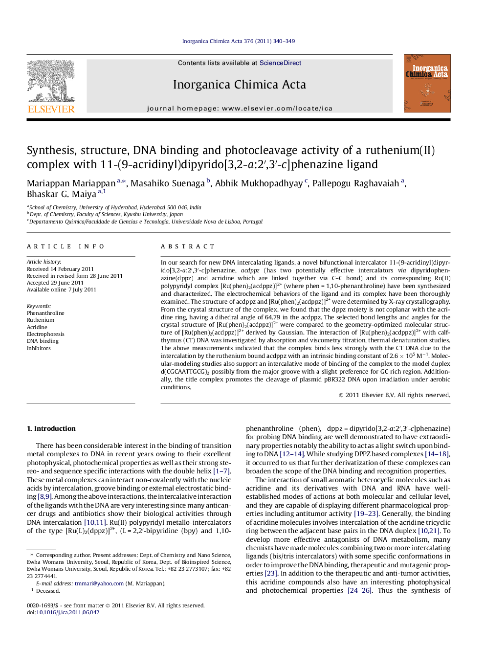 Synthesis, structure, DNA binding and photocleavage activity of a ruthenium(II) complex with 11-(9-acridinyl)dipyrido[3,2-a:2â²,3â²-c]phenazine ligand