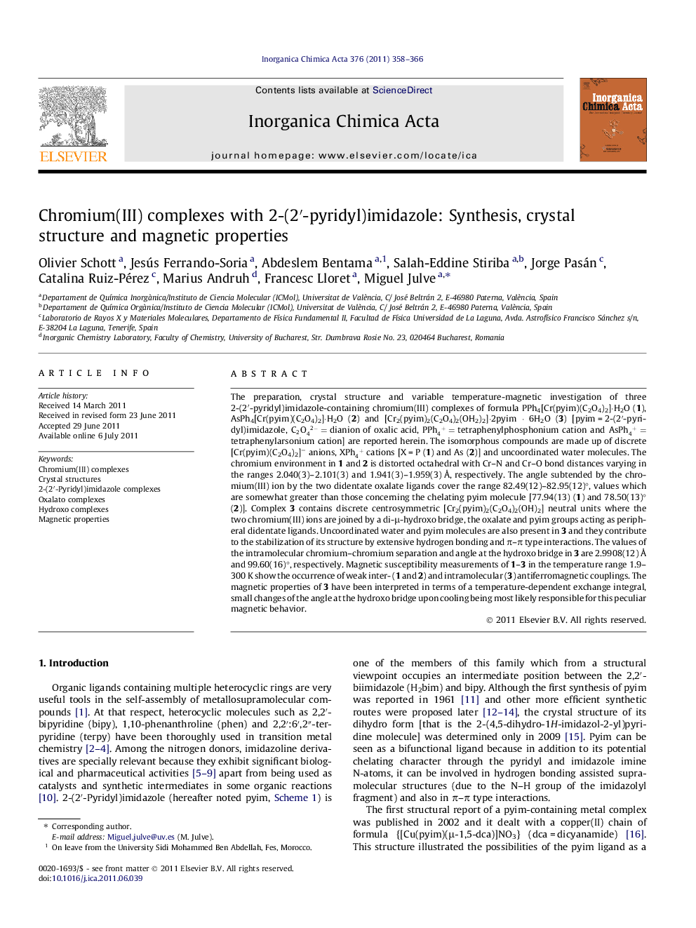 Chromium(III) complexes with 2-(2â²-pyridyl)imidazole: Synthesis, crystal structure and magnetic properties