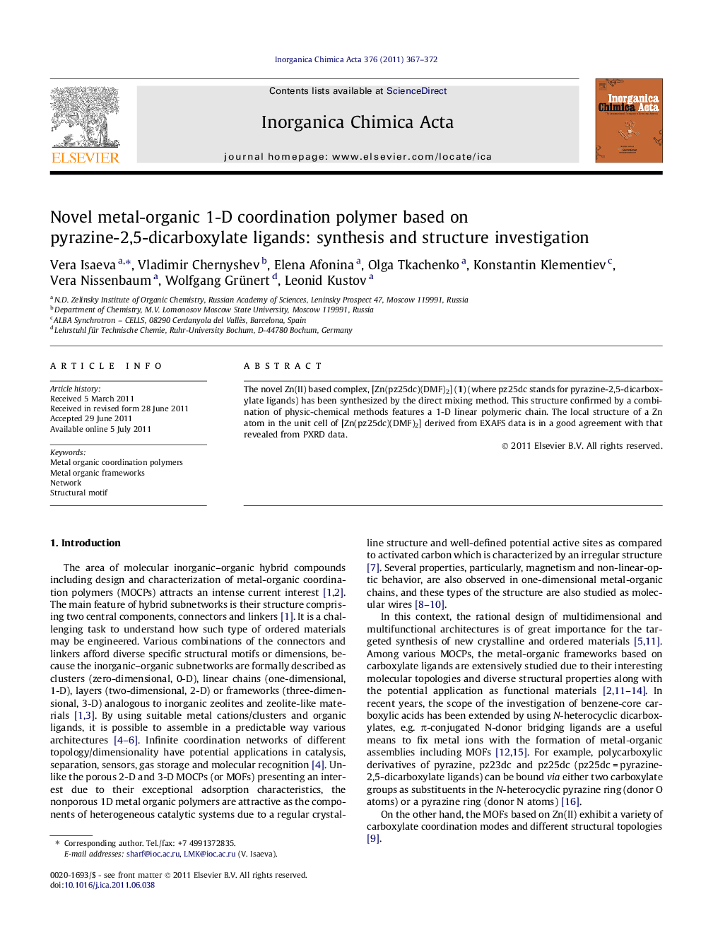 Novel metal-organic 1-D Ñoordination polymer based on pyrazine-2,5-dicarboxylate ligands: synthesis and structure investigation