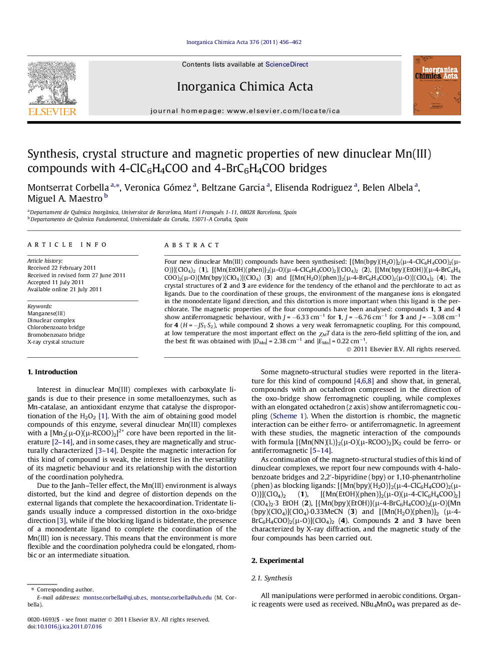 Synthesis, crystal structure and magnetic properties of new dinuclear Mn(III) compounds with 4-ClC6H4COO and 4-BrC6H4COO bridges