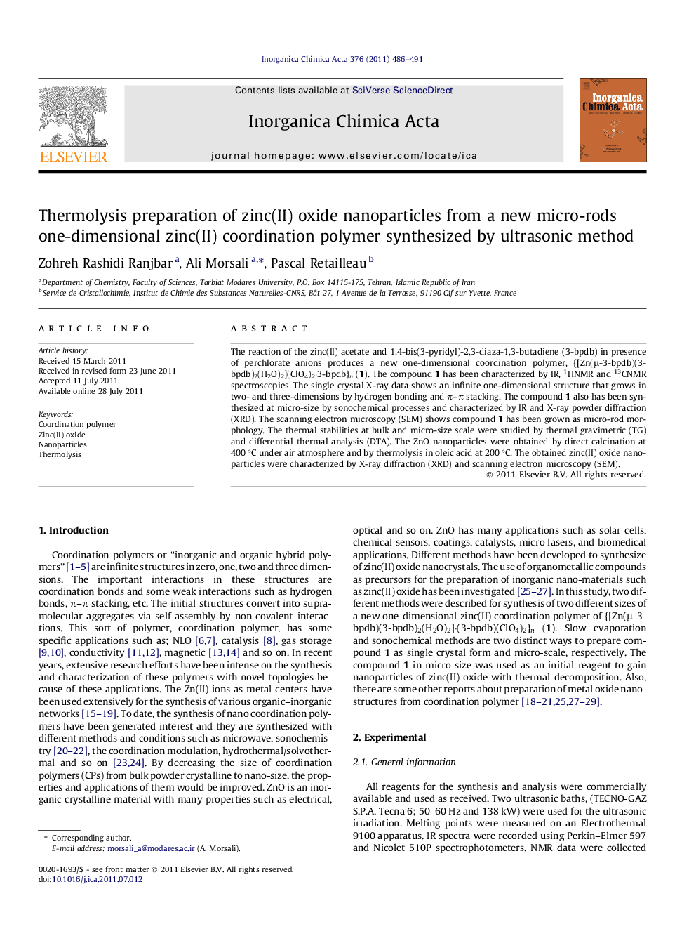 Thermolysis preparation of zinc(II) oxide nanoparticles from a new micro-rods one-dimensional zinc(II) coordination polymer synthesized by ultrasonic method