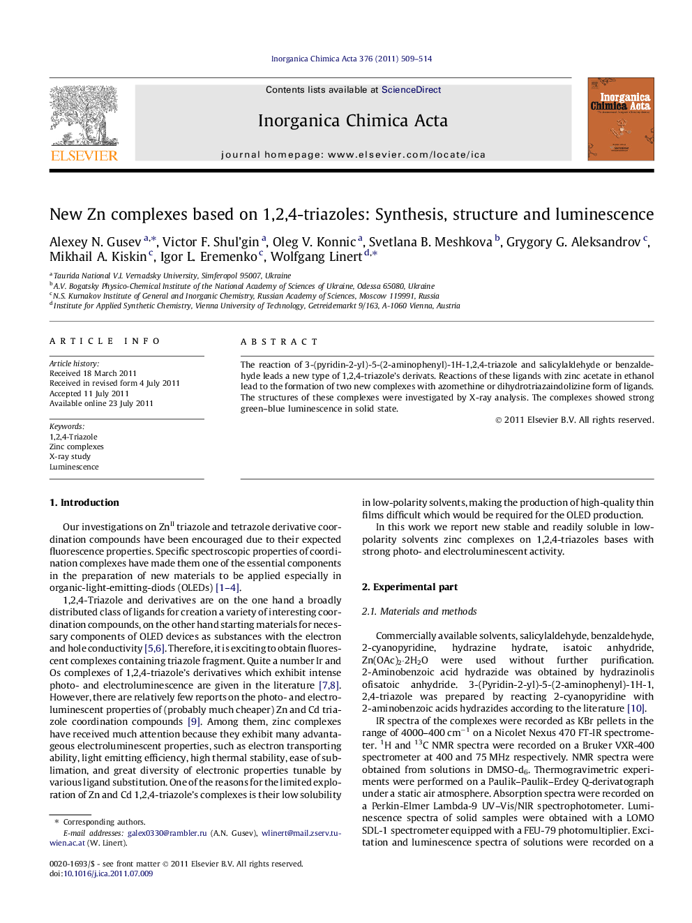 New Zn complexes based on 1,2,4-triazoles: Synthesis, structure and luminescence