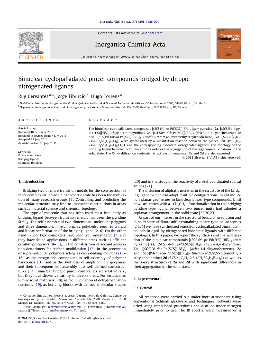 Binuclear cyclopalladated pincer compounds bridged by ditopic nitrogenated ligands