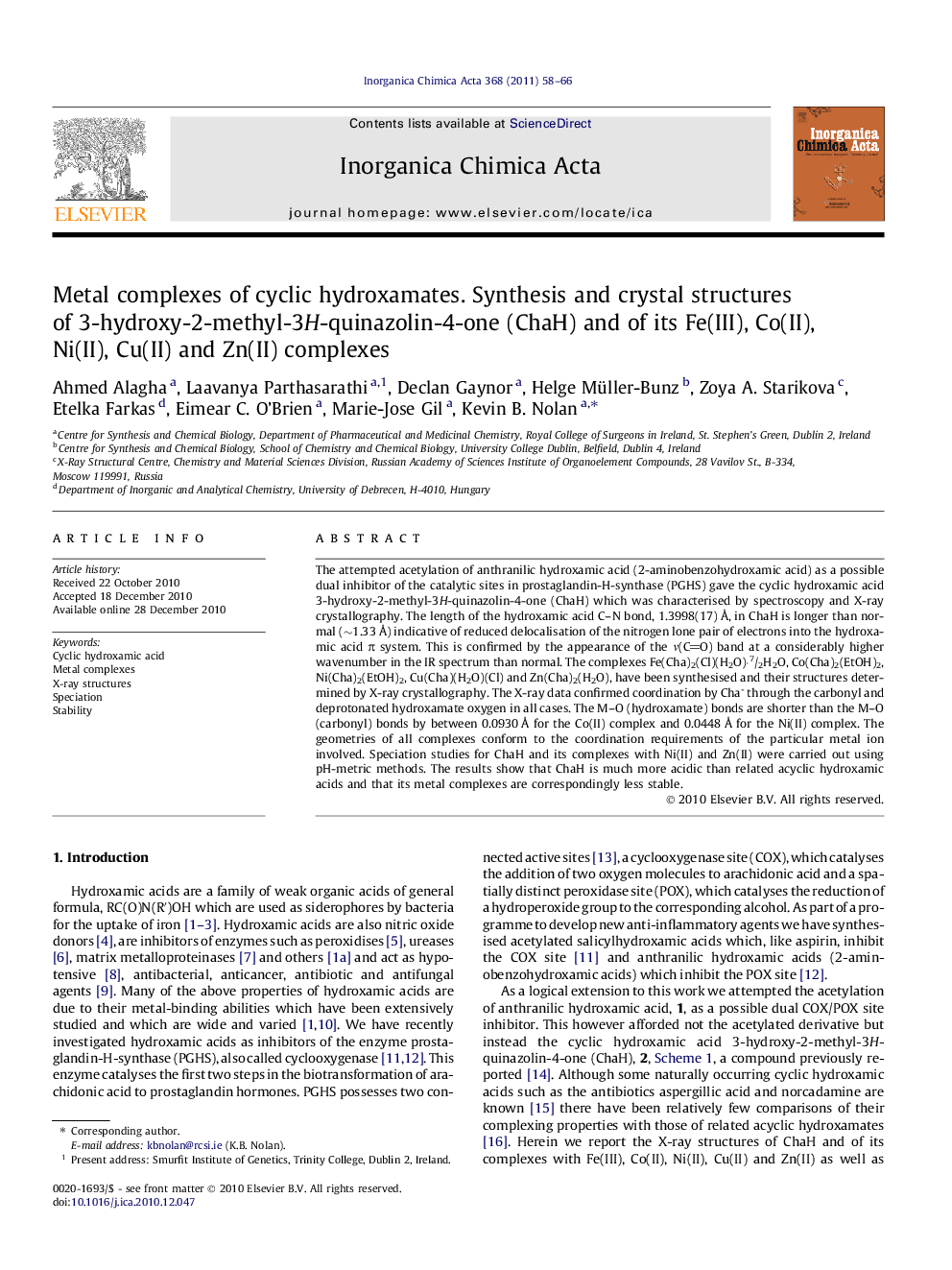 Metal complexes of cyclic hydroxamates. Synthesis and crystal structures of 3-hydroxy-2-methyl-3H-quinazolin-4-one (ChaH) and of its Fe(III), Co(II), Ni(II), Cu(II) and Zn(II) complexes