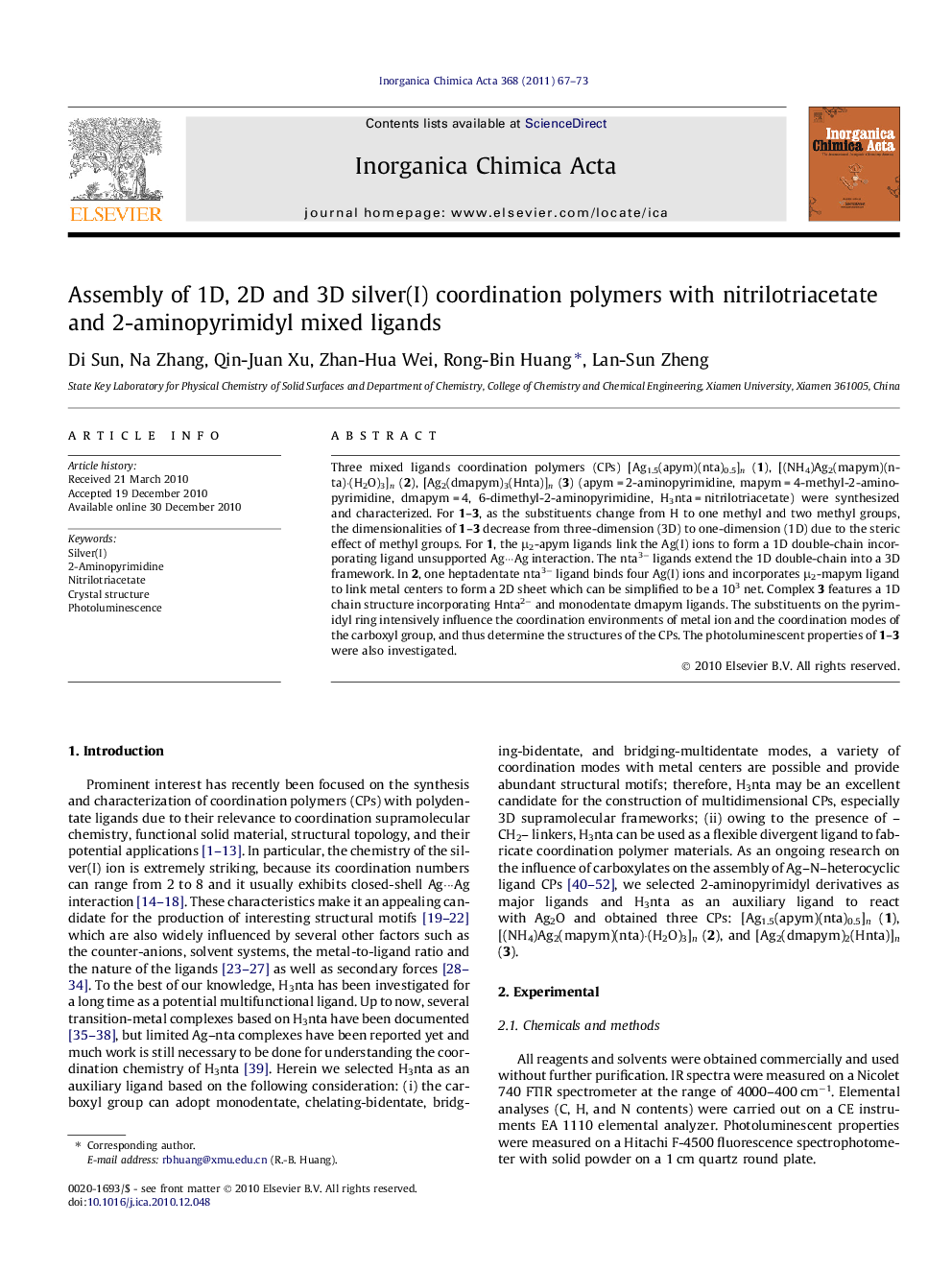 عکس صفحه اول مقاله: Assembly of 1D, 2D and 3D silver(I) coordination polymers with nitrilotriacetate and 2-aminopyrimidyl mixed ligands Assembly of 1D, 2D and 3D silver(I) coordination polymers with nitrilotriacetate and 2-aminopyrimidyl mixed ligands