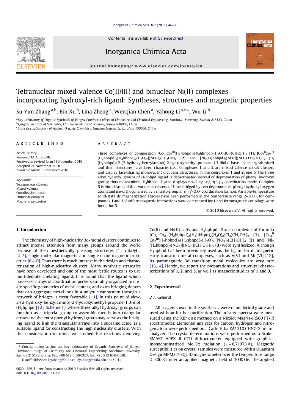 Tetranuclear mixed-valence Co(II/III) and binuclear Ni(II) complexes incorporating hydroxyl-rich ligand: Syntheses, structures and magnetic properties