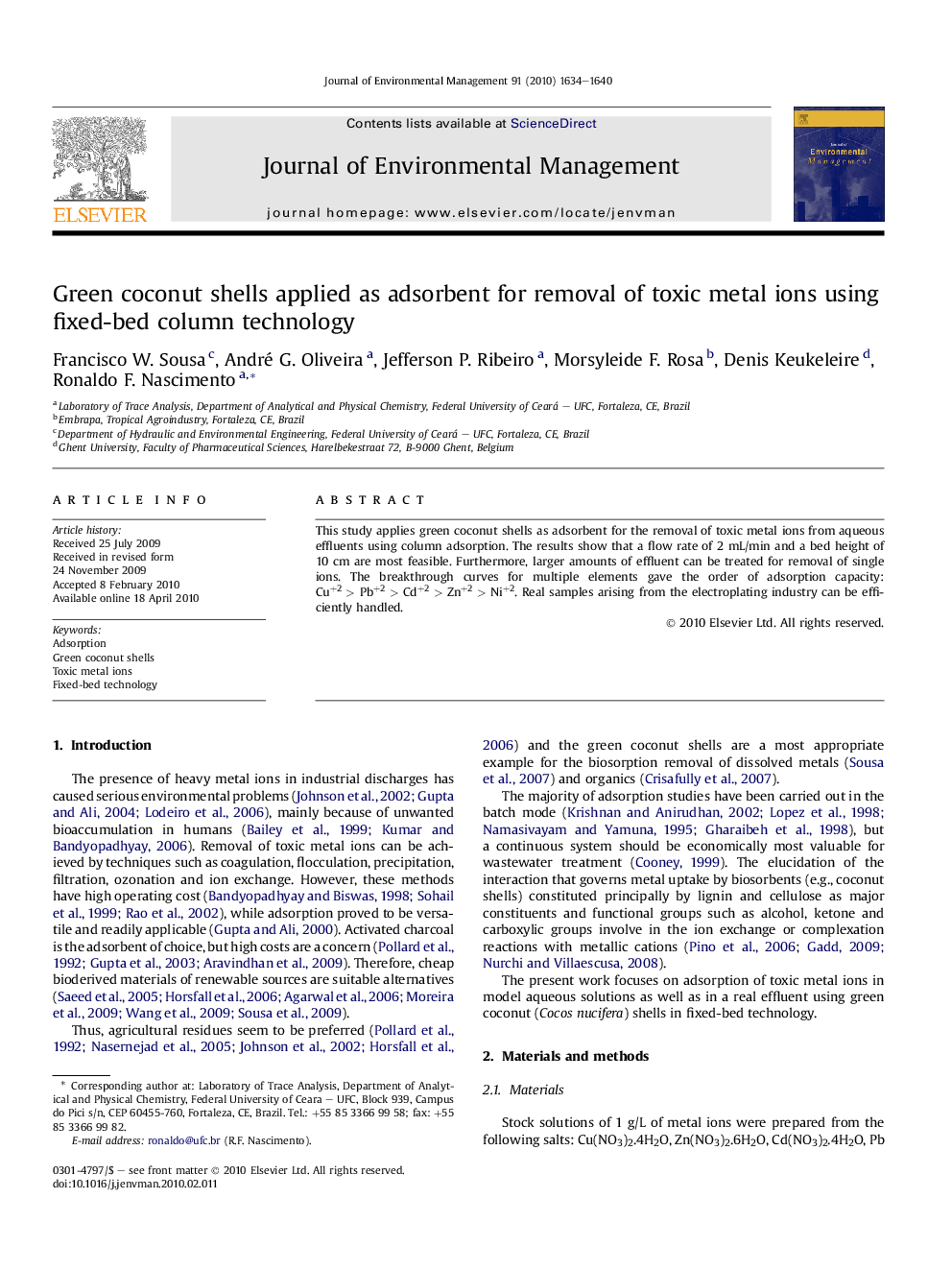 Green coconut shells applied as adsorbent for removal of toxic metal ions using fixed-bed column technology