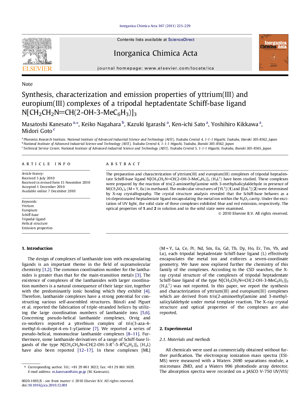 Synthesis, characterization and emission properties of yttrium(III) and europium(III) complexes of a tripodal heptadentate Schiff-base ligand N[CH2CH2NCH(2-OH-3-MeC6H3)]3