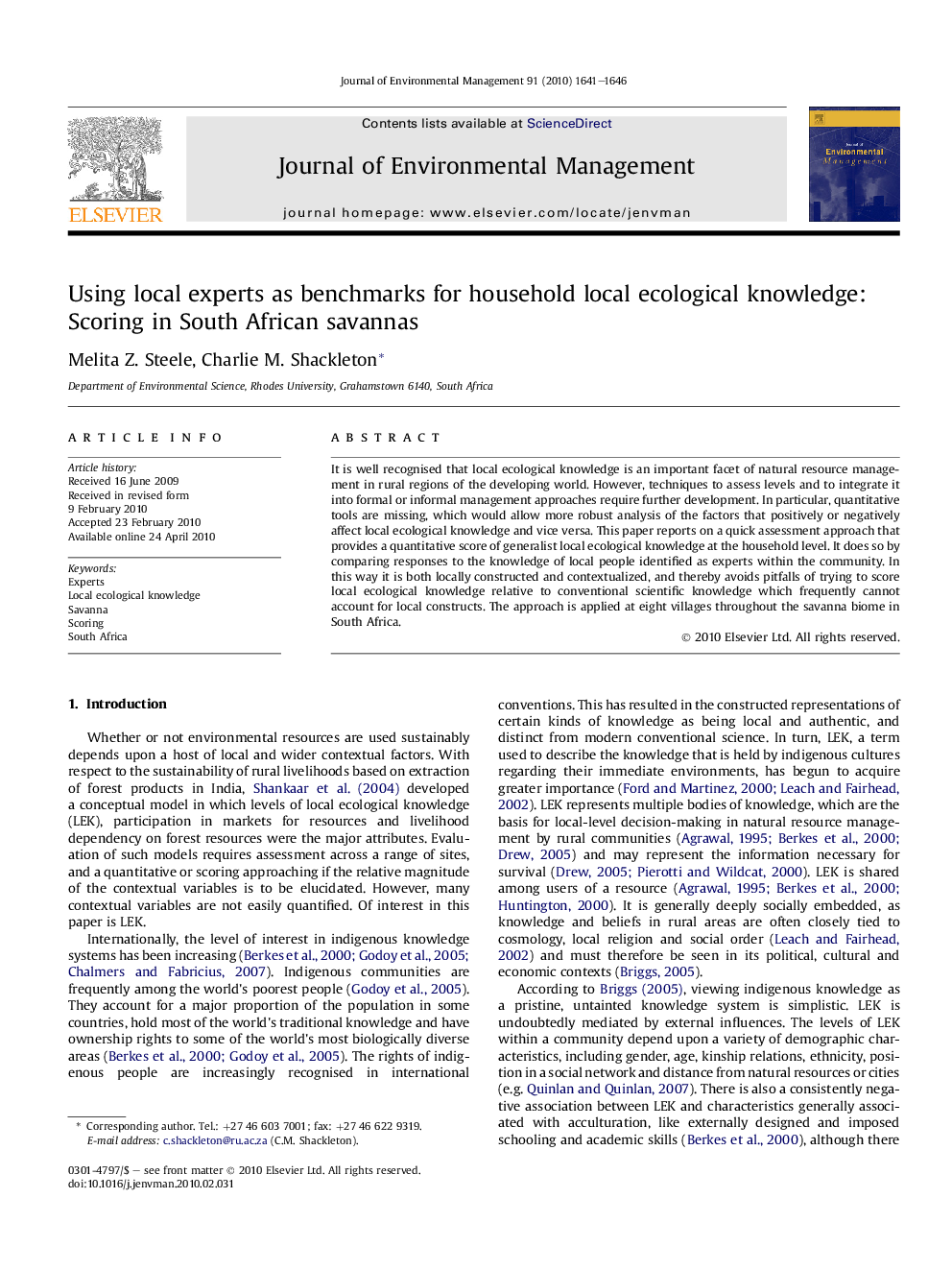 Using local experts as benchmarks for household local ecological knowledge: Scoring in South African savannas