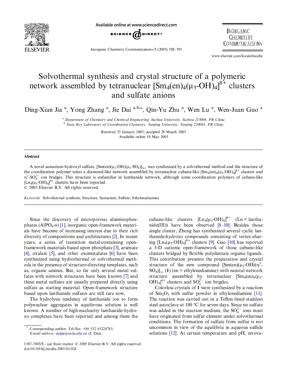 Solvothermal synthesis and crystal structure of a polymeric network assembled by tetranuclear [Sm4(en)4(Î¼3-OH)4]8+ clusters and sulfate anions