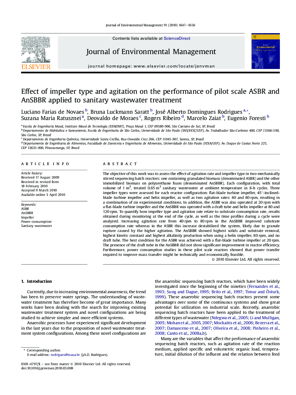 Effect of impeller type and agitation on the performance of pilot scale ASBR and AnSBBR applied to sanitary wastewater treatment