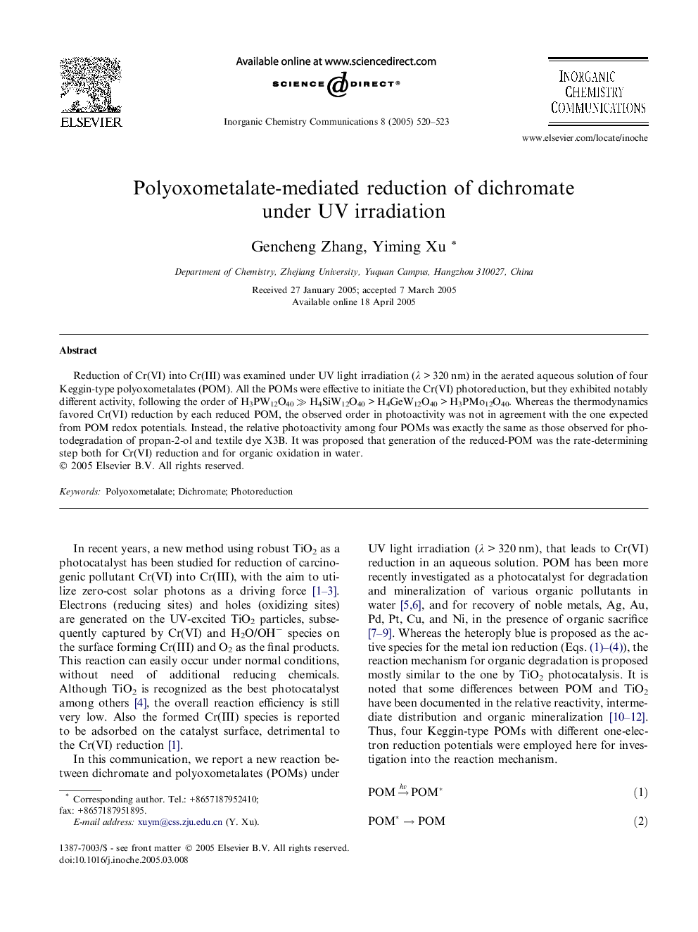 Polyoxometalate-mediated reduction of dichromate under UV irradiation