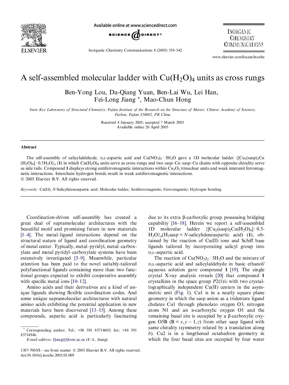 A self-assembled molecular ladder with Cu(H2O)4 units as cross rungs