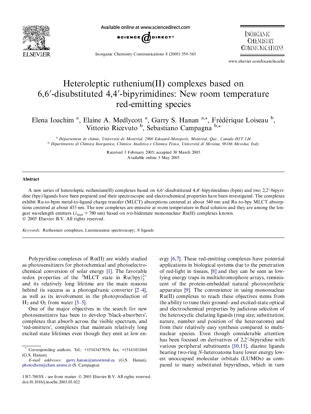 Heteroleptic ruthenium(II) complexes based on 6,6â²-disubstituted 4,4â²-bipyrimidines: New room temperature red-emitting species