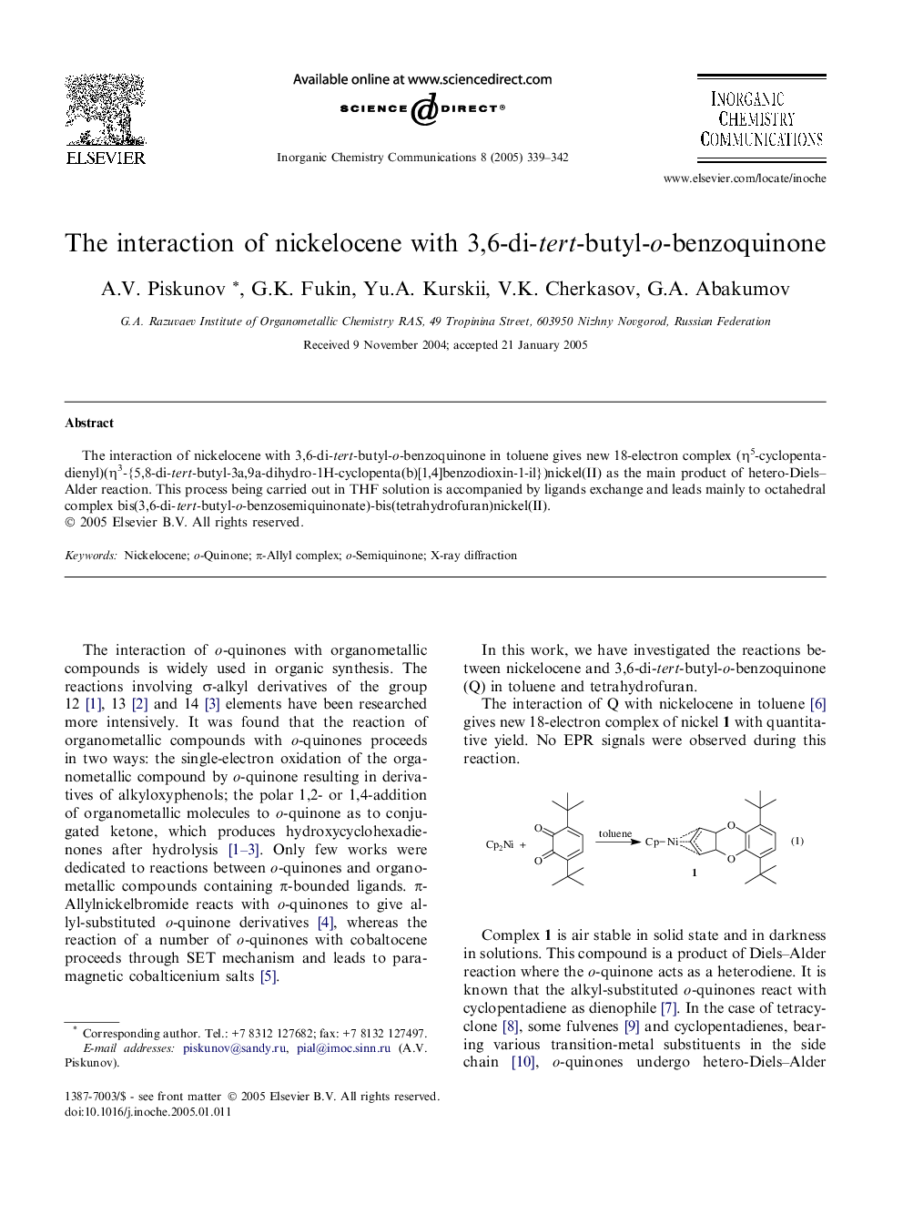 The interaction of nickelocene with 3,6-di-tert-butyl-o-benzoquinone