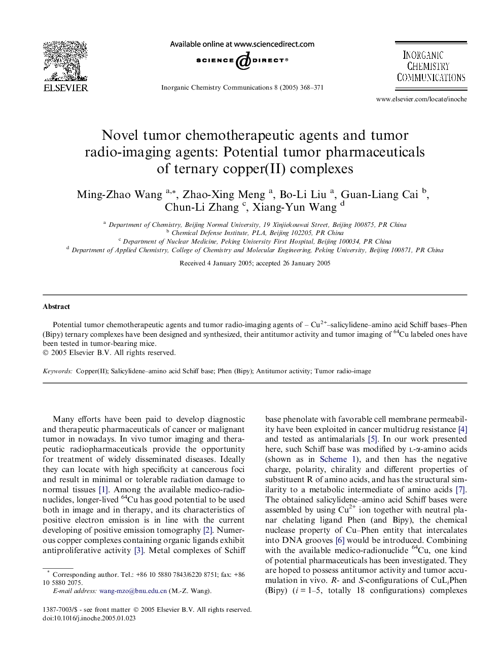 Novel tumor chemotherapeutic agents and tumor radio-imaging agents: Potential tumor pharmaceuticals of ternary copper(II) complexes