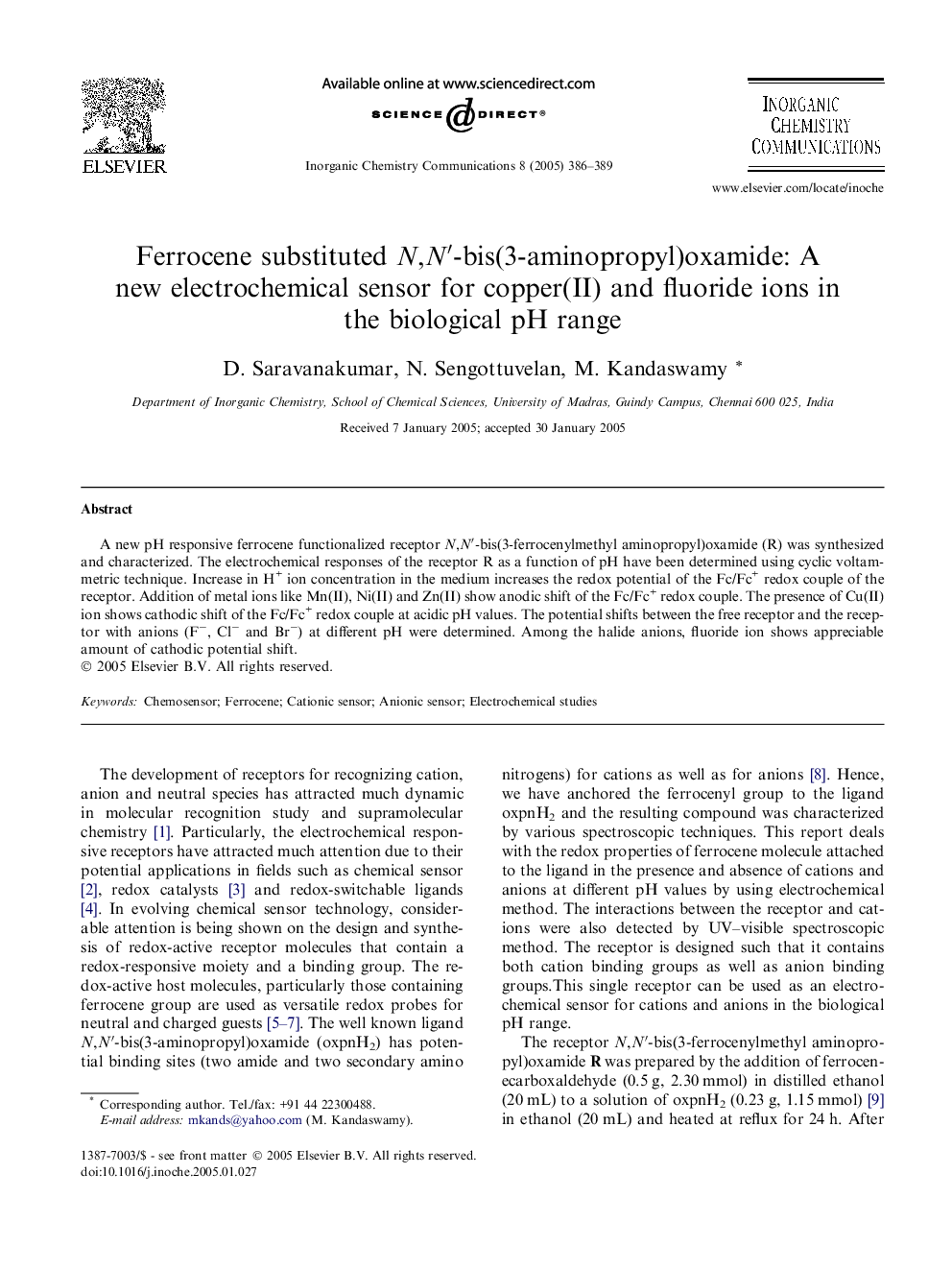 Ferrocene substituted N,Nâ²-bis(3-aminopropyl)oxamide: A new electrochemical sensor for copper(II) and fluoride ions in the biological pH range