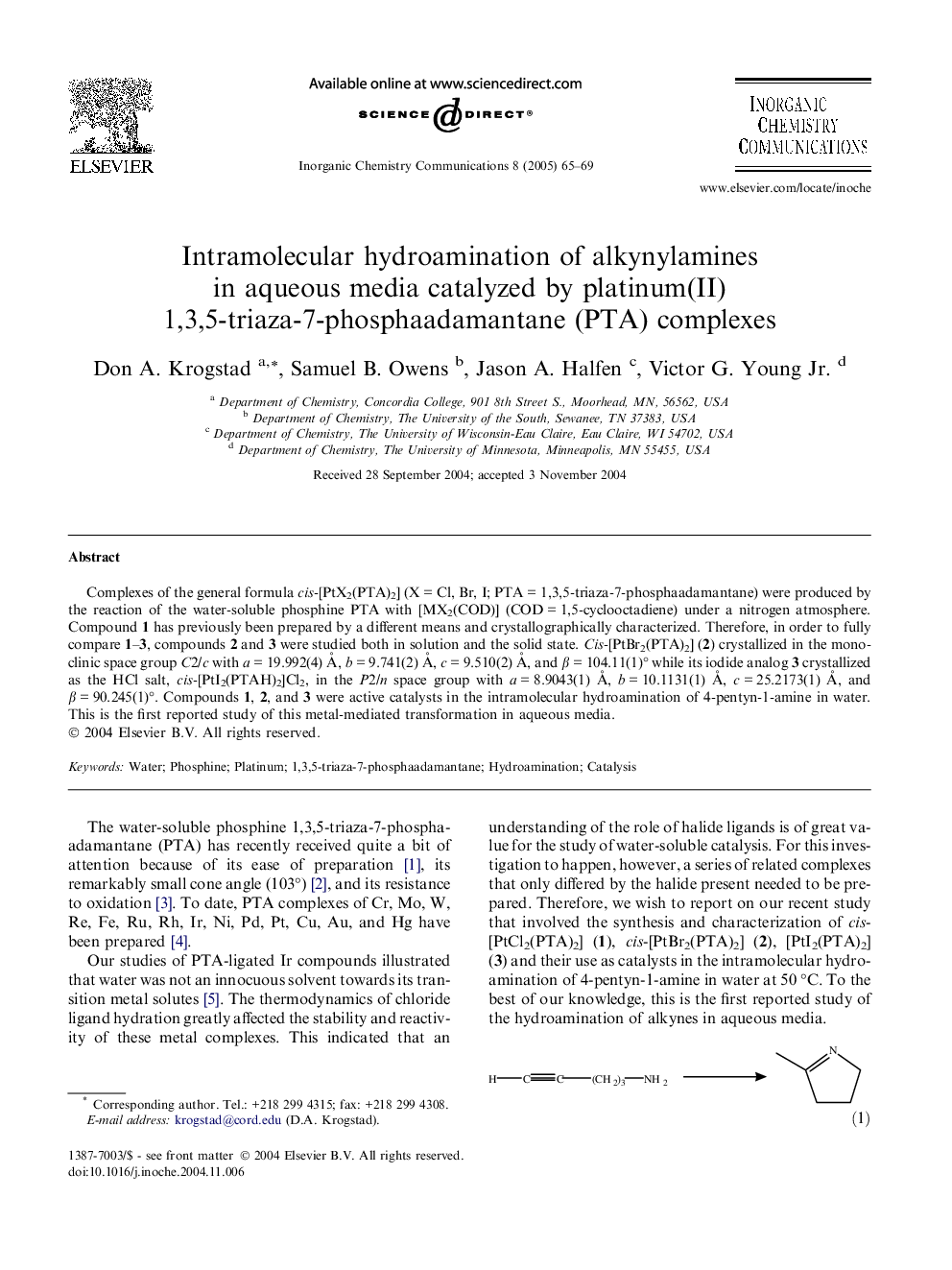 Intramolecular hydroamination of alkynylamines in aqueous media catalyzed by platinum(II) 1,3,5-triaza-7-phosphaadamantane (PTA) complexes