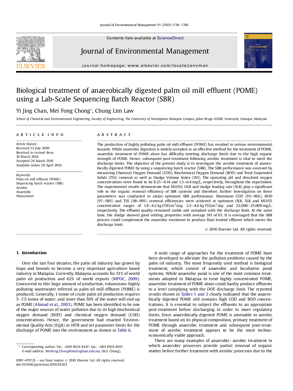 Biological treatment of anaerobically digested palm oil mill effluent (POME) using a Lab-Scale Sequencing Batch Reactor (SBR)