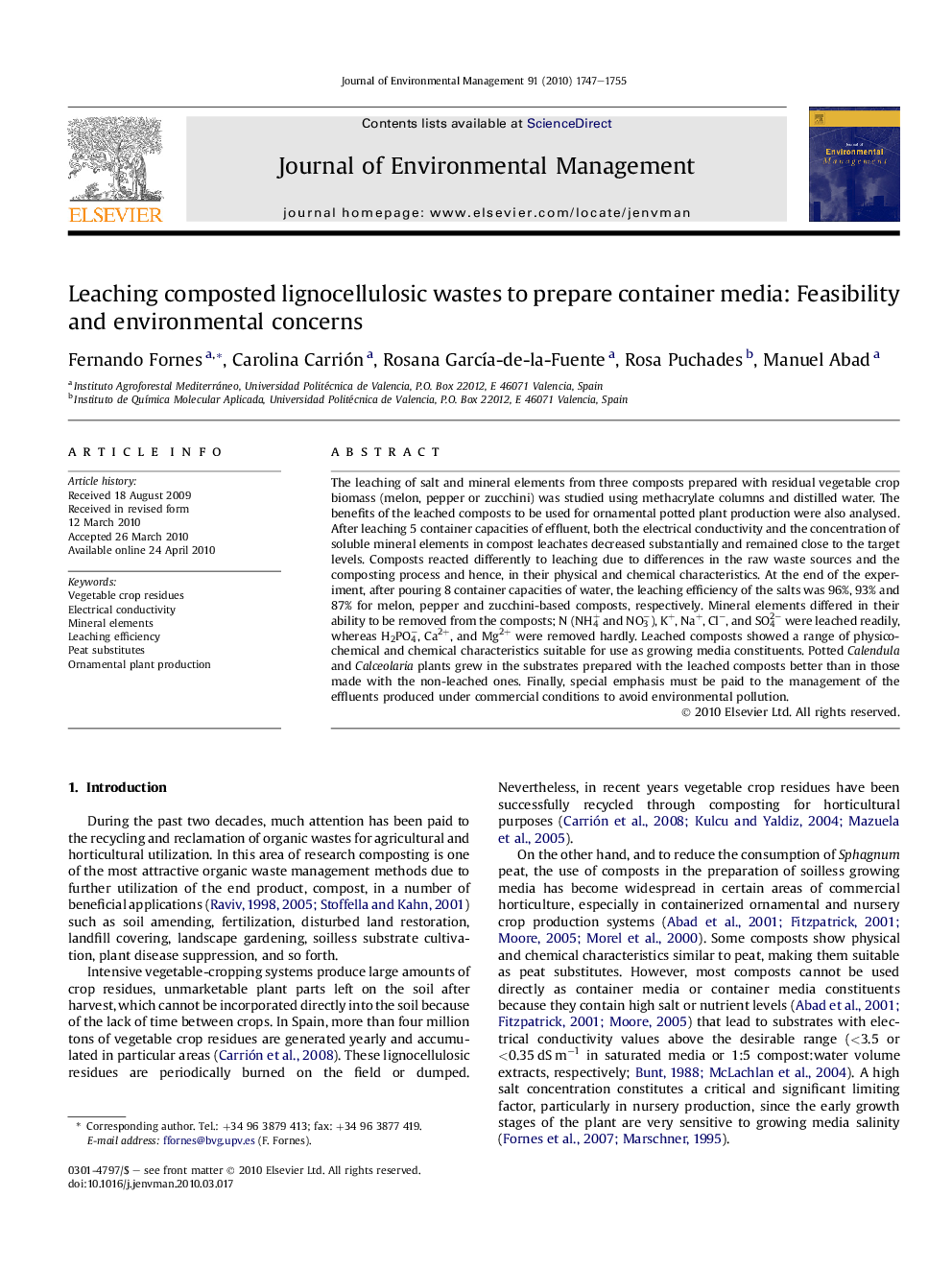 Leaching composted lignocellulosic wastes to prepare container media: Feasibility and environmental concerns