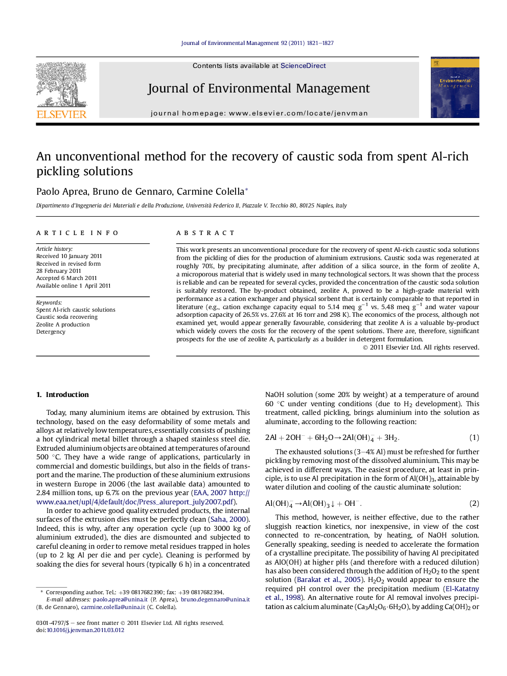 An unconventional method for the recovery of caustic soda from spent Al-rich pickling solutions