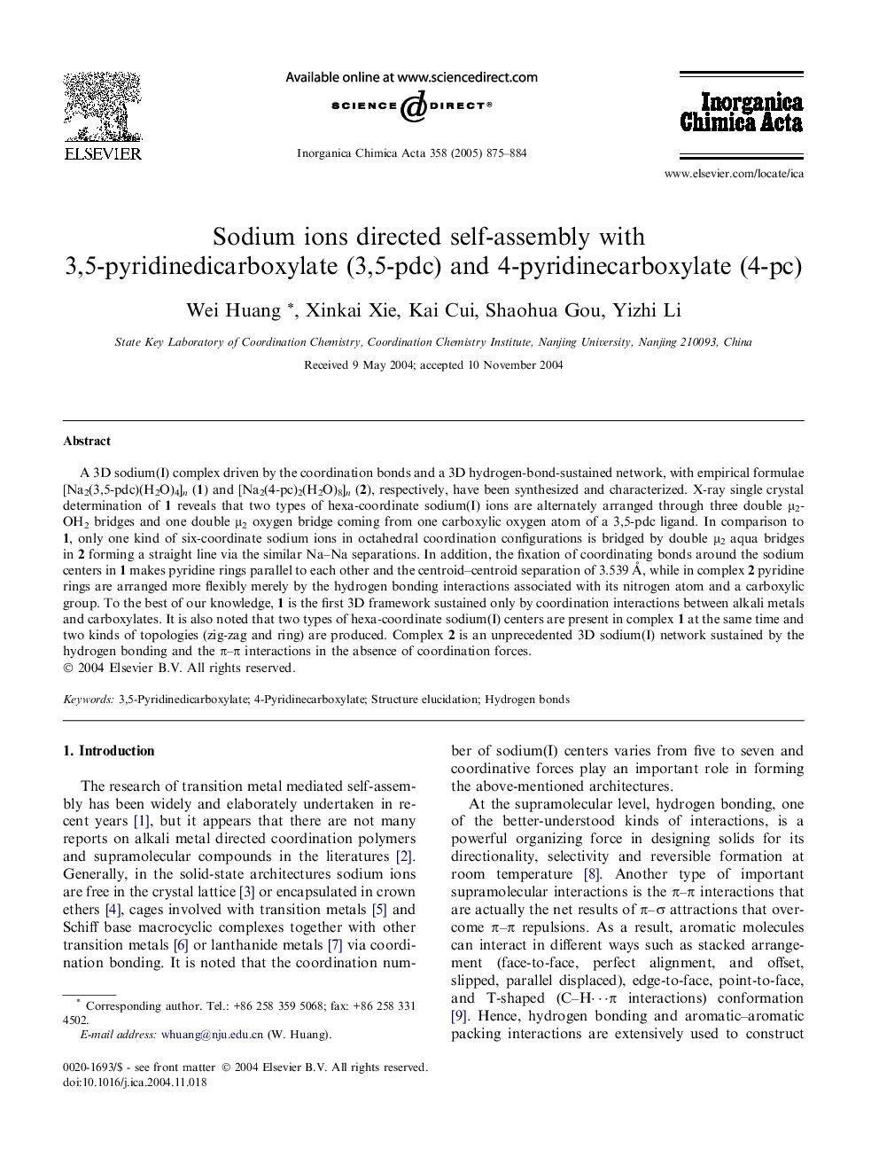 Sodium ions directed self-assembly with 3,5-pyridinedicarboxylate (3,5-pdc) and 4-pyridinecarboxylate (4-pc)