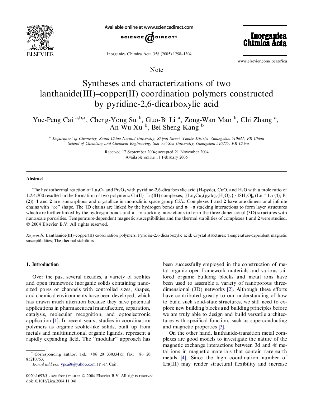 Syntheses and characterizations of two lanthanide(III)-copper(II) coordination polymers constructed by pyridine-2,6-dicarboxylic acid