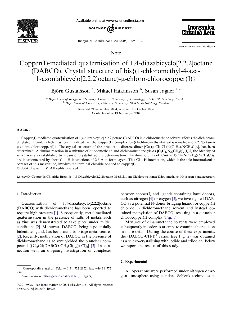 Copper(I)-mediated quaternisation of 1,4-diazabicyclo[2.2.2]octane (DABCO). Crystal structure of bis{(1-chloromethyl-4-aza-1-azoniabicyclo[2.2.2]octane)-Î¼-chloro-chlorocopper(I)}