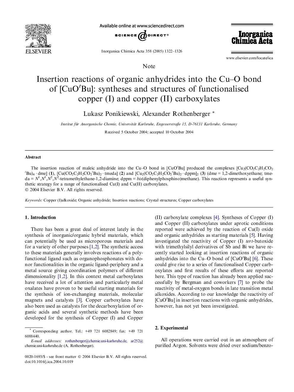 Insertion reactions of organic anhydrides into the Cu-O bond of [CuOtBu]: syntheses and structures of functionalised copper (I) and copper (II) carboxylates