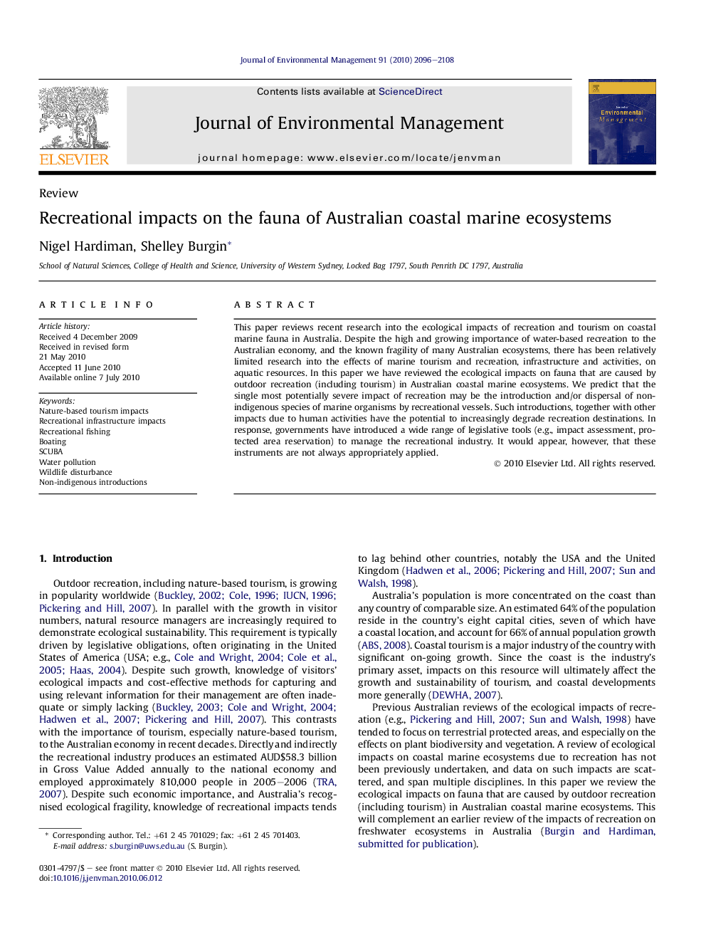 Recreational impacts on the fauna of Australian coastal marine ecosystems