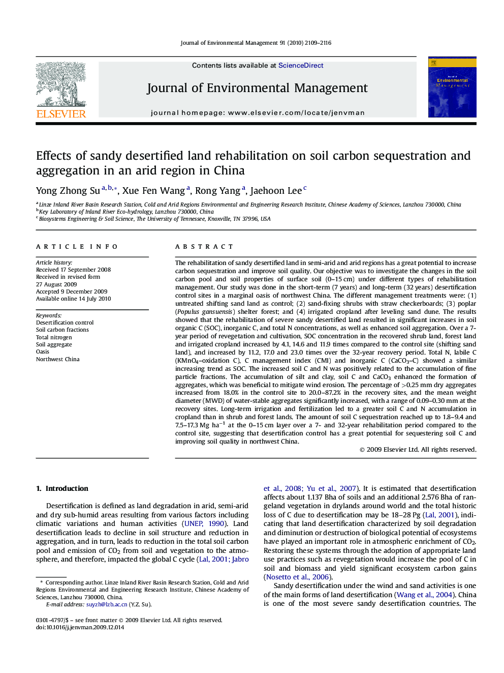 Effects of sandy desertified land rehabilitation on soil carbon sequestration and aggregation in an arid region in China