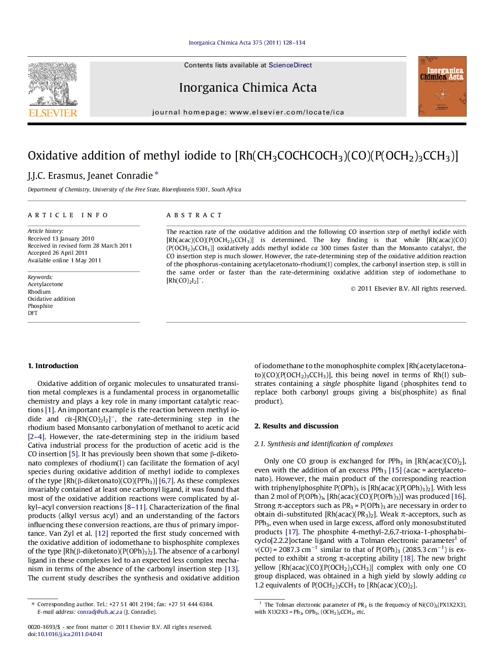 Oxidative addition of methyl iodide to [Rh(CH3COCHCOCH3)(CO)(P(OCH2)3CCH3)]