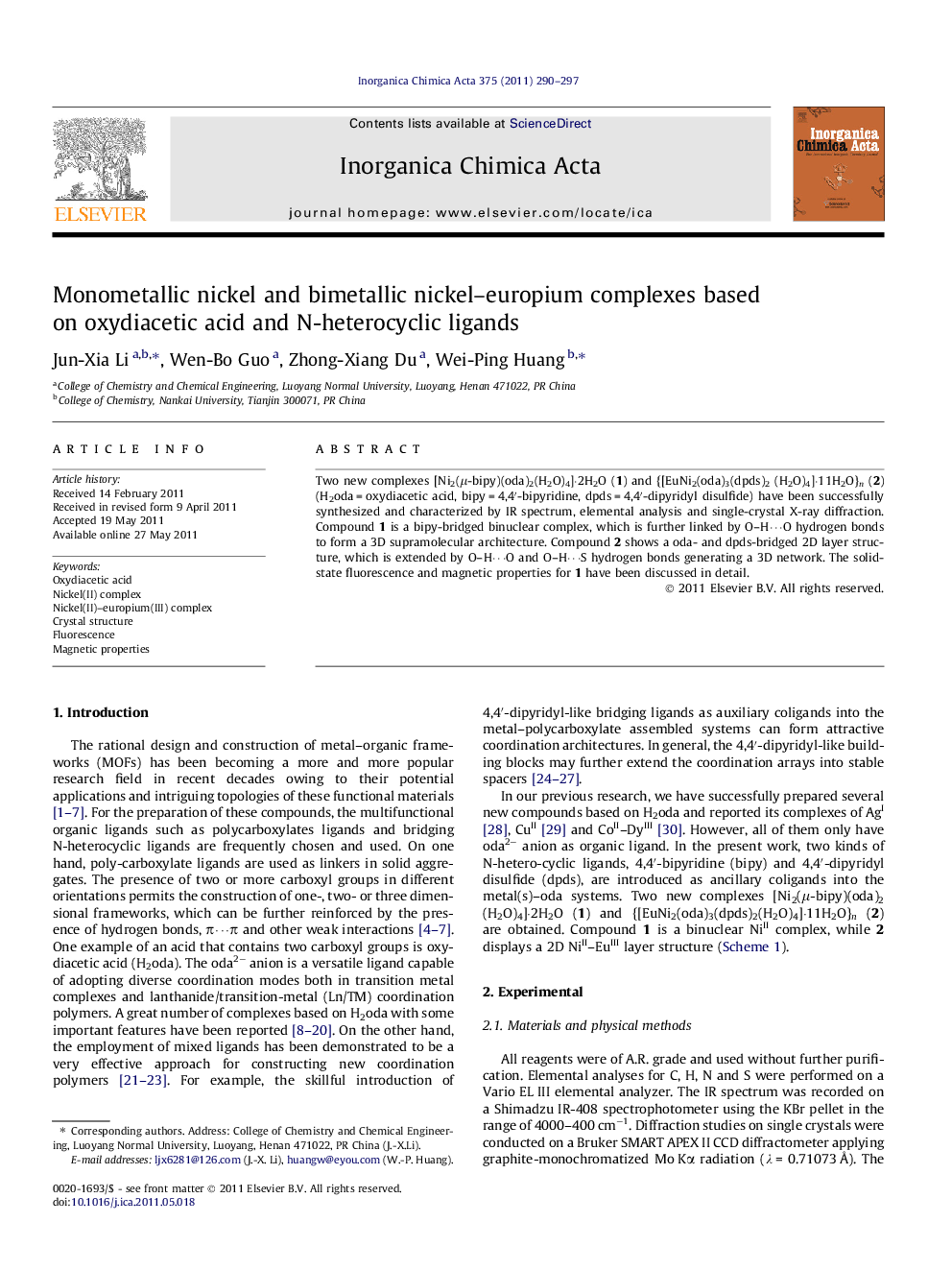 Monometallic nickel and bimetallic nickel-europium complexes based on oxydiacetic acid and N-heterocyclic ligands